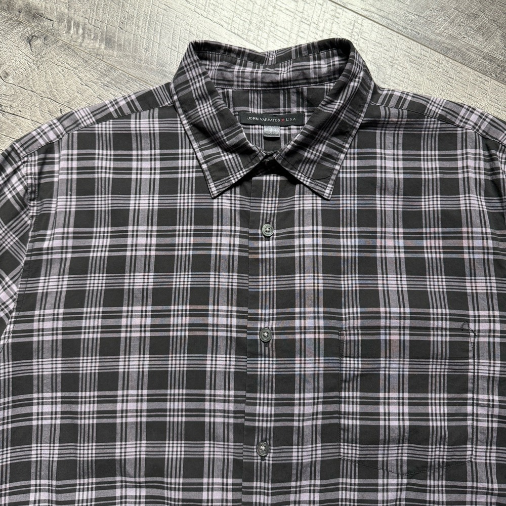 John Varvatos Shirt Mens L Black Oxford L/S Button Up Casual Plaid Windowpane